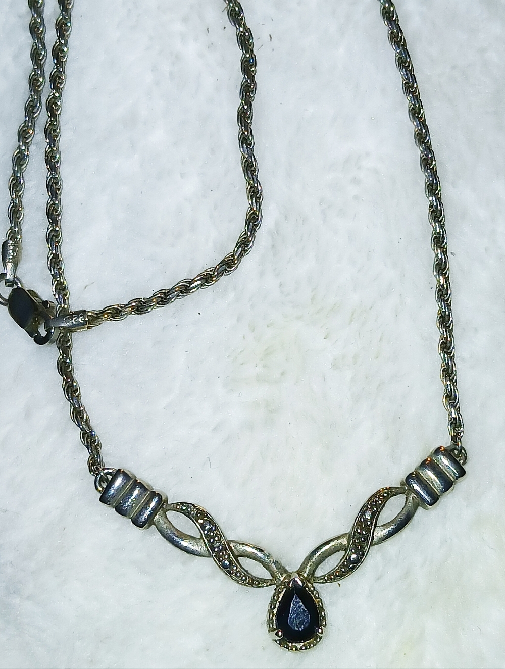 Vintage Sterling Silver Victorian Necklace With Blue Saphire Teardrop Pendant